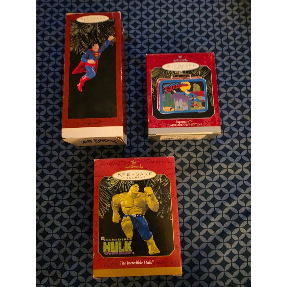 Hallmark Keepsake Ornament Lot Superman 1993 1998 Tin Incredible Hulk '97 Marvel